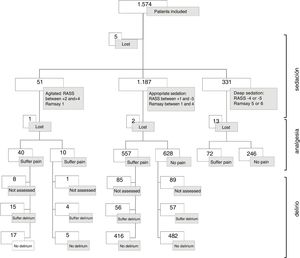 Pain y delirium assessment of patients according to level of sedation.