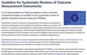 Section from the COSMIN website dedicated to guidelines for carrying out systematic reviews of measurement tools. Source: COSMIN [Internet]. Amsterdam: Dept. of Epidemiology and Biostatistics; 2020 [consulted 16 Sep 2020]. I’m conducting a systematic review of outcome measurement instruments. Available in: https://www.cosmin.nl/finding-right-tool/conducting-systematic-review-outcome-measurement-instruments/.