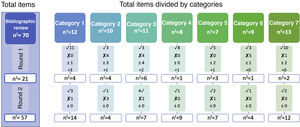 Graphic examples on the evolution of the items during the whole process for presenting in the report n findings. n1: number of items assessed in round 1. n2: number of items assessed in round 2. nf: number of final items for which consensus was reached. ✓: number of items accepted (agree > 70%). х number of items removed (disagree > 70%). ±: number of items to be reassessed. +: number of items added by the experts.