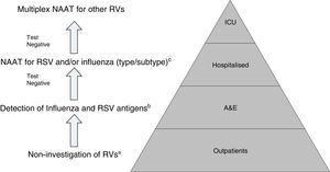 Proposal for a rational work flow and cost-effective algorithm for the investigation of respiratory viruses (RV). a Except for patients included in monitoring programmes (e.g. National Influenza Monitoring Network). b Except in special situations: pregnancy, predisposing underlying disease, etc., in which NAATs will be performed directly. c NAATs for other RV (rhinovirus, metapneumovirus, etc.), may be added in patients with a high risk of serious respiratory illness. Modified by Navarro-Marí et al.45