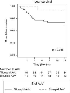 1-Year survival of patients with aortic valve (AoV) IE, divided into tricuspid AoV and bicuspid AoV.