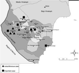 Distribution of autochthonous and imported cases of strongyloidiasis according to their place of residence in the Vega Baja region.