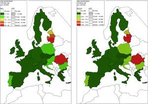 TB age-standardised mortality rates per 100,000 average and GDP 2013 distribution in European Union for men and women.