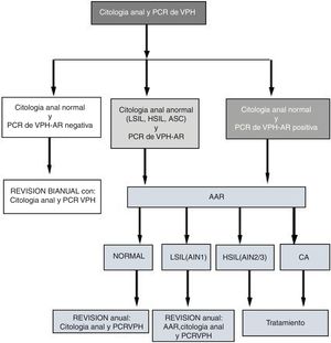 Follow-up algorithm. HRA: high-resolution anoscopy; AIN: anal intraepithelial neoplasm; ASC: atypical squamous cells; AC: anal cancer; HSIL: high-grade intraepithelial lesion; LSIL: low-grade intraepithelial lesion; HPV PCR: human papilloma virus protein chain reaction.