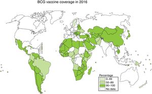 BCG vaccine coverage in 2016. The map indicates BCG vaccination percentage in different countries. Source: WHO Global Tuberculosis Report 2017.