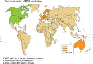 Recommendation of BCG vaccination. The countries where BCG is included in the vaccination programme are in beige (A), the countries where BCG vaccination used to be but is no longer done are in orange (B) and the countries where BCG is indicated only in specific population groups are in green (C). Source: WHO Global Tuberculosis Report 2017.