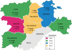 Number of cases and cumulative incidence of human Mycobacterium bovis infections per province in Castile and León, 2006–2015.