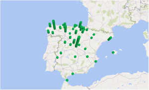 Map with the height of the cylinders representing the number of cases by province of residence of patients with fascioliasis admitted to Spain from 1997 to 2014.