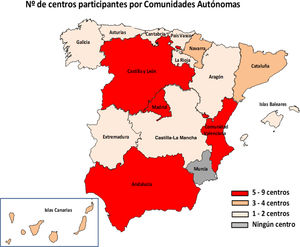 Map of Spain with the number of centres that have participated in the survey by autonomous region.