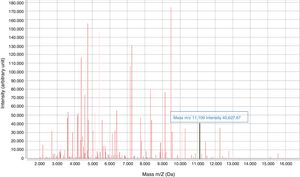 Identification of characteristic peak on MALDI-TOF spectrum for KPC–producing K. pneumoniae.