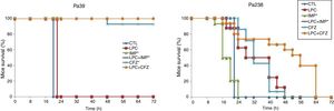Mice survival after treatment with LPC in combination with imipenem or ceftazidime in the model of peritoneal sepsis induced by the P. aeruginosa Pa39 and Pa238 strains. CTL, control (no treatment); LPC, lysophosphatidylcholine; IMP, imipenem; CFZ, ceftazidime.*: mice mortality was recorded over 24h in imipenem w/o LPC.