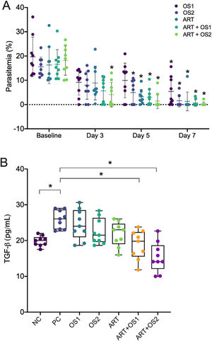 Synergistic anti-malarial effects of Ocimum sanctum leaf extract and artemisinin. (A) Reduction of parasitemia. (B) TGF-β level by peritoneal macrophages during mice malaria infections measured by ELISA after 24h in vitro culture. Data are expressed as a mean±standard deviation (SD). (*) Indicates a significant difference compared to the baseline level or between two groups indicated in the graphs (p<0.05). OS1=O. Sanctum 0.25mg/g/day; OS2=O. Sanctum 0.5mg/g/day; ART=artemisinin 0.036mg/g/day; ART+OS1=artemisinin 0.036mg/g/day+O. Sanctum 0.25mg/g/day; ART+OS2=artemisinin 0.036mg/g/day+O. Sanctum 0.5mg/g/day; NC=negative control; PC, positive control.