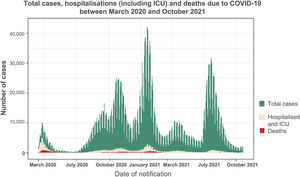 Distribution of COVID-19 notifications sent to the National Epidemiology Centre of the Spanish Ministry of Health (period: 14 March 2020 to 31 October 2021).