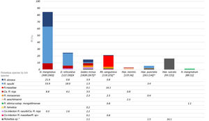 Prevalence of Rickettsia species infection detected in Ixodidae ticks collected from vegetation. Spain, 2000–2021. Ca: Candidatus; D: Dermacentor; H: Hyalomma; Hae: Haemaphysalis; PI: prevalence of infection; Rh: Rhipicephalus. ¥ In D. reticulatus, species identification was performed on 30 of the 56 ticks with detection of Rickettsia spp. * Rh. sanguineus group: includes 95 Rh. sanguineus sensu lato, 8 Rh. pusillus and 15 Rh. turanicus. ^ Includes 300 nymphs of I. ricinus and 20 of Hae. punctata in batches of 5. ˭ Includes co-infection of R. massiliae with R. monacensis, R. aeschlimanii and Rickettsia sp. 