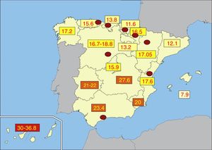 Mapa con la incidencia de la DM1 en España.