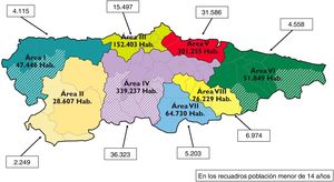 Mapa sanitario de Asturias con población total y menores de 14 años Fuente: Servicio de Salud del Principado de Asturias.