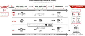 Algoritmo de tratamiento centrado en el control glucémico. Otros fármacos: SU, GLIN, PIO. Evitar si hay riesgo de hipoglucemias (SU, repaglinida) o de insuficiencia cardiaca o fracturas (PIO). ECV: enfermedad cardiovascular; GLIN: repaglinida; MET: metformina; PIO: pioglitazona; SU: sulfonilureas. ΔA favor arGLP1: dificultad de control de la ingesta, IMC>35kg/m2, distancia a objetivo de HbA1c>1%, riesgo ↑ fracturas, infecciones genitales de repetición. °Si hipertensión arterial o necesidad de evitar ganancia ponderal. iSGLT2: dapaglifozina, empaglifozina, canaglifozina, ertuglifozina (aprobado por la European Medicines Agency).