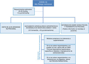 Estrategia de abordaje nutricional en pacientes con riesgo nutricional por COVID-19. NE: nutrición enteral; SNG: sonda nasogástrica.