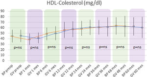 Evolución del HDL-colesterol comparando ambas técnicas quirúrgicas. HDL: lipoproteínas de alta densidad; BP: bypass gástrico; GV: gastrectomía vertical; mg/dl: miligramo/decilitro; ns: no significativo.
