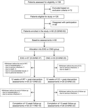 CONSORT flow chart of patients summarizing their eligibility assessment, enrolment and allocation to the experimental and control groups of the study, and the drop-out of patients at the two further measurements (EXG: experimental group; CNG: control group; IRT: intradialytic resistance training; CC: control condition).