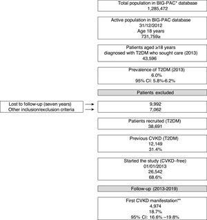 Study flow chart (2013–2019). CVKD: cardiovascular or kidney disease (heart failure, kidney disease, myocardial infarction, stroke, peripheral artery disease). *Database, ** excludes angina and transient ischaemic accident. DM: type 2 diabetes mellitus CVD: cardiovascular disease. CI: confidence interval.