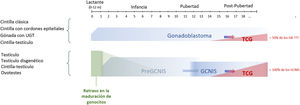 Evolución de los riesgos preneoplásicos (GCNIS/GB) y neoplásicos (TCG) en gónadas DSD con material Y. GCNIS: neoplasia in situ de células germinales; TCG: tumores gonadales de células germinales; UTG: tejido gonadal indiferenciado.