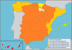 Mapa de la incidencia de DM1 estimada en las comunidades autónomas españolas (2020).