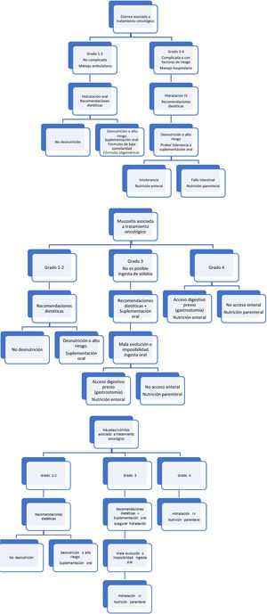 Tratamiento dietético/nutricional de los problemas digestivos relacionados con el tratamiento oncológico. Fuente: Elaboración propia a partir de Lopez-Delgado et al.29. Disponible en: https://seom.org/guia-actualizada-de-tratamientos/toxicidad-de-los-tratamientos-oncologicos?start=2.