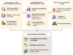 Marco conceptual. Interacción entre la DM y la infección por gripe: carga clínico-económica, vulnerabilidad, impacto clínico y papel preventivo de la vacunación antigripal. ACV: accidente cerebrovascular; DM: diabetes mellitus; IAM: infarto agudo de miocardio; MACE: eventos cardiovasculares adversos mayores; RAM: resistencia antimicrobiana; UCI: unidad de cuidados intensivos.