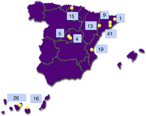 Distribution of the 149 sib-pair families with type 1 diabetes recruited in Spain for the Type 1 Diabetes Genetics Consortium.