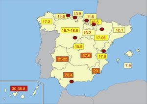 Map of the incidence of DM1 in Spain.