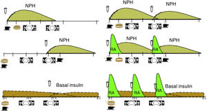 Distribution of carbohydrates over 24 h according to the insulin regimen and action profile. RA: rapid-acting insulin analogue; NPH: neutral protamine hagedorn; basal insulin: glargine U100, glargine U300, degludec, detemir.