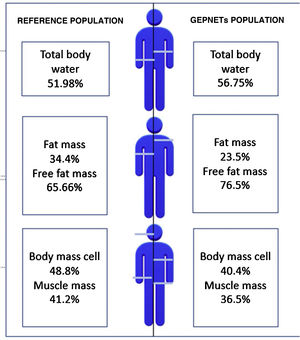 Graphic representation: differences with respect to body composition between the reference population13 and our sample of GEPNETs.