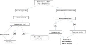 Nutritional therapy decision algorithm (prepared by the authors). Oral intake is not recommended in patients with severe oropharyngeal dysphagia with impaired safety, severe mucositis or oesophageal stenosis.