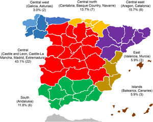 Geographical distribution of the region where the residency was conducted. The absolute number of participants and the relative percentage of the sample are shown.