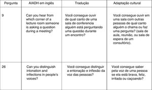 Exemplo de duas perguntas da versão em inglês do AIADH que exigiram adaptação cultural para o português do Brasil.