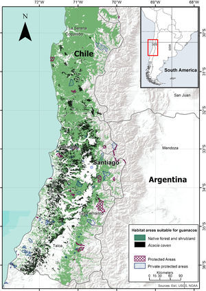 Habitat areas suitable for guanacos (Lama guanicoe) and protected areas.