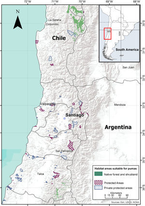 Habitat areas suitable for pumas (Puma concolor) and protected areas.