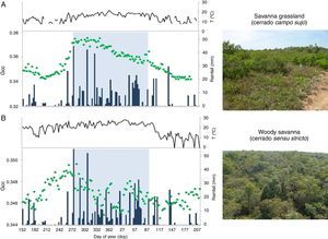 Vegetation canopy greenness, as quantified by green chromatic coordinate (Gcc; green dots) using phenocam imagery, in relation to local seasonal patterns of daily precipitation (blue bars) and air temperature (black line). In both graphics, Gcc values represent a 3-day window filter time-series of the growing season length (from day of the year DOY 152 to 214, 2013-2014) of two cerrado savanna physiognomies, a cerrado campo sujo vegetation (A) and a cerrado sensu stricto (B), both located at Itirapina municipality, São Paulo State, Brazil.