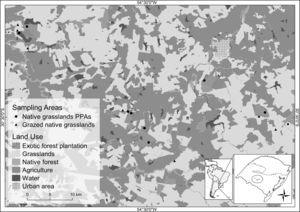 Location of the study area in the state of Rio Grande do Sul. Circles represents sampled grazed native grasslands and triangle Permanent Preservation Area.