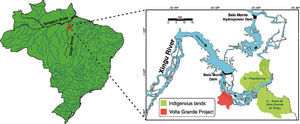 Map of the Volta Grande region of the Xingu River and locations of the Belo Monte hydropower complex and the Volta Grande Project relative to indigenous lands.