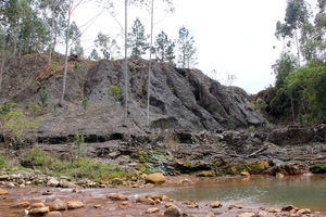 Degradation caused by coal mining. On the picture, spoils from mining that had been deposited at the bank river of the Rio Bonito in Lauro Müller municipality, southern Santa Catarina, Brazil. This area can be considered degraded throughout the past 70 years, and no change of this is at sight.