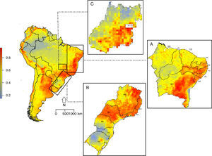 Suitability map for Corvus albus occurrence in South America. (A) Northeastern coast of Brazil, (B) Southeastern coast of Brazil, and (C) central region of Brazil. Low suitability values are represented by blue color and high suitability values are represented by red color. State labels are: BA=Bahia, SE=Sergipe, AL=Alagoas, PE=Pernambuco, PB=Paraíba, RN=Rio Grande do Norte, CE=Ceará, PI=Piauí, MA=Maranhão.