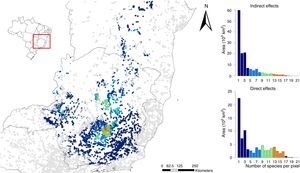 The effects of mining activities on the estimated biodiversity rate for 41 anuran species, endemic to the eastern Brazil mountaintops. Polygons highlighted in gray represent mines officially approved and licensed for mining activity and their respective 5km radius buffer, which did not overlap areas estimated as suitable for anuran species. Histograms highlight the area directly and indirectly affected by mining in each richness class identified by the biodiversity rate estimate.