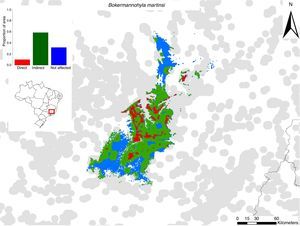 The direct and indirect effects of mining on the potential distribution of Bokermannohyla martinsi. The histogram highlights the proportion of estimated suitable habitat area that are directly, indirectly and not affected by mining activities.