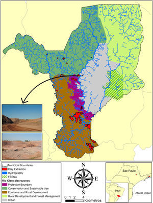 Macrozones defined in the first draft of the new Rio Claro Master Plan, highlighting municipal hydrography and clay extraction pits. The pictures show a small-scale clay extraction near the urban fringe. FEENA: State Forest Edmundo Navarro de Andrade.