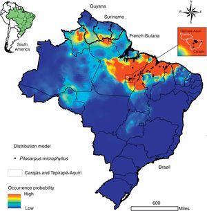 Potential distribution of Pilocarpus microphyllus. Warm colors (close to red) indicate a high probability of occurrence and the most suitable areas for the species. Black points indicate sites where P. microphyllus plants were collected. Box on the right highlights the National Reserves of Carajás and Tapirapé-Aquiri.