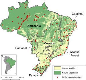 Distribution of biodiversity monitoring sites of the Brazilian Research Program in Biodiversity (PPBio) within the country's six major biomes (gray lines): Amazonia forest, Caatinga xeric shrubland, Cerrado savanna, Pantanal wetland, Atlantic Forest, and Pampa grassland. Human modified landscapes include areas converted to urban, agriculture, cultivated pastures, and forestry uses.