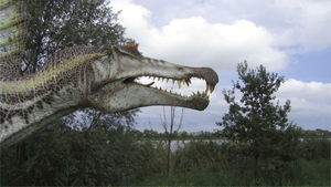 While are argument can be made for most rewilding baselines, some are unrealistic, even when considering proxy species. Exhibition of Italian dinosaurs, Vallete di Ostellato, Italy, 2014. Image © MR-B.