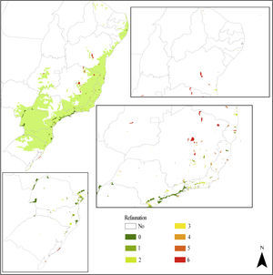 The 318 Atlantic Forest protected areas analyzed on REFAUNA Network. The color of protected area refers to the number of reintroduction programs needed for this unit. Species analyzed were: Agouti paca, Dasyprocta leporina, Tapirus terrestris, Pecari tajacu, Tayassu pecari, Leopardus pardalis and Panthera onca.